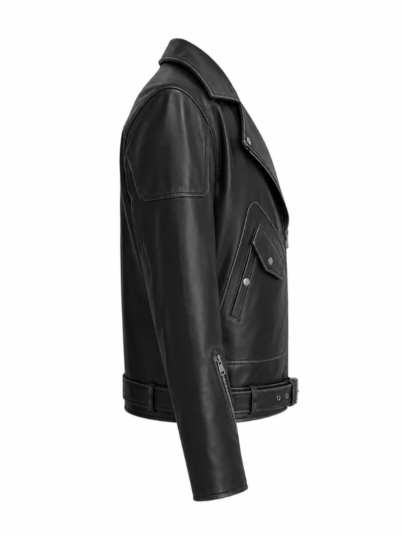 Men’s Black Lace-Up Belted Leather Jacket Right 