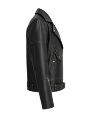 Men’s Black Lace-Up Belted Leather Jacket Right 