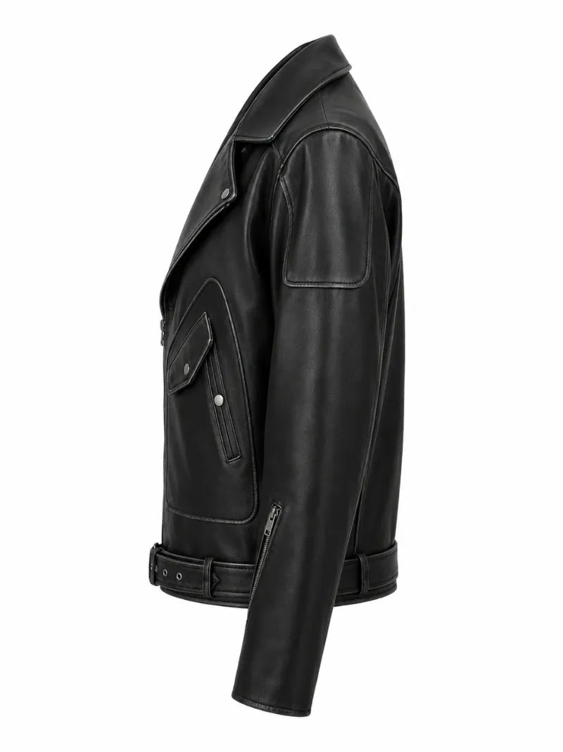 Men’s Black Lace-Up Belted Leather Jacket Left 
