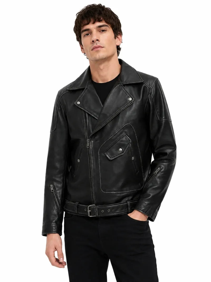 Men’s Black Lace-Up Belted Leather Jacket Full