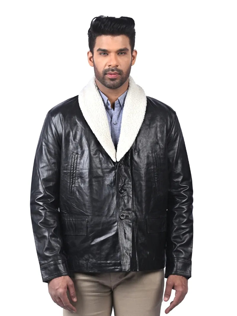 Men’s Black Leather Coat with Shearling Collar Front 
