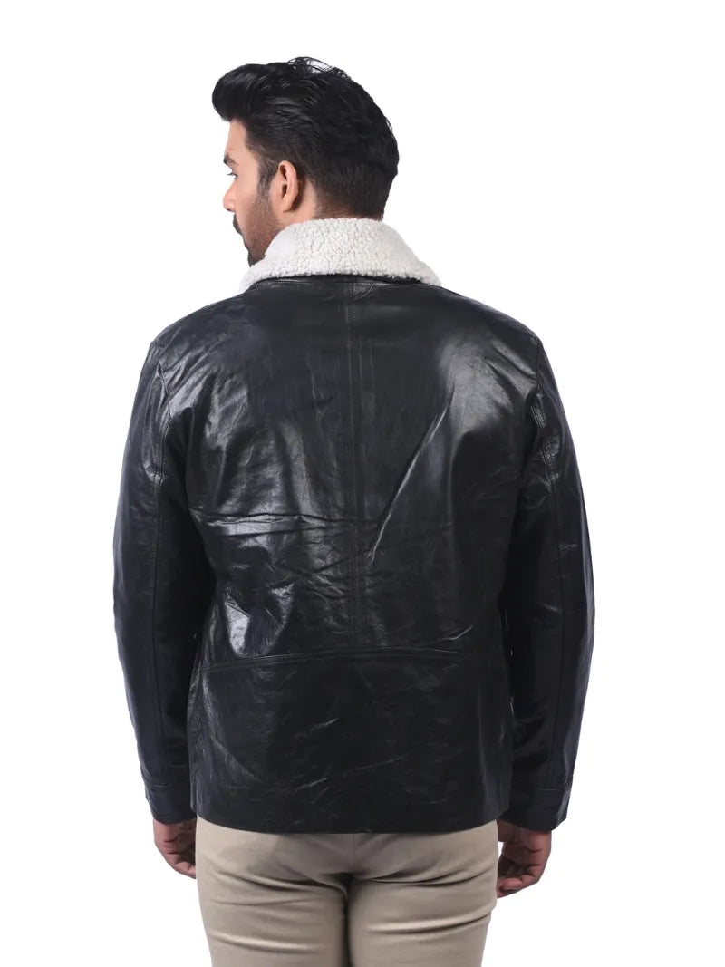 Men’s Black Leather Coat with Shearling Collar Back 