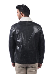 Men’s Black Leather Coat with Shearling Collar Back 