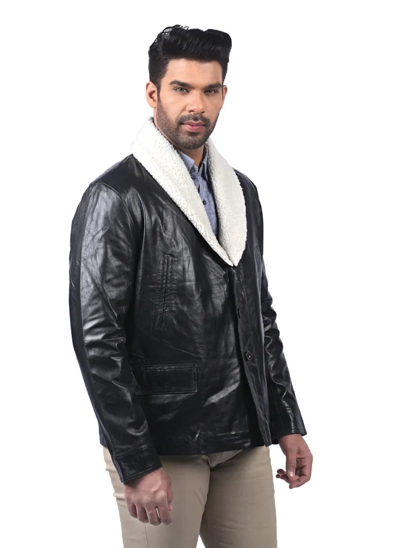 Men’s Black Leather Coat with Shearling Collar Right 