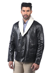 Men’s Black Leather Coat with Shearling Collar Left 