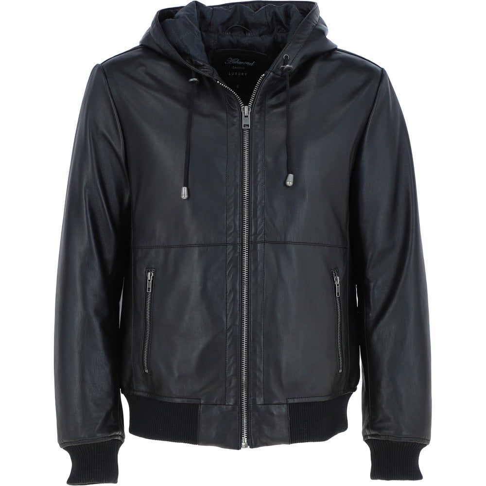 Men’s Black Leather Hooded Bomber Jacket
