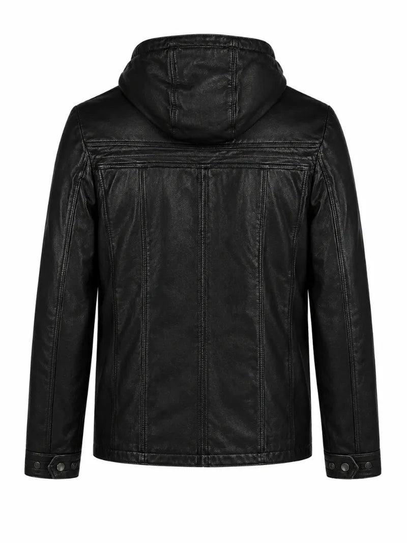 Men’s Black Leather Hooded Jacket Back