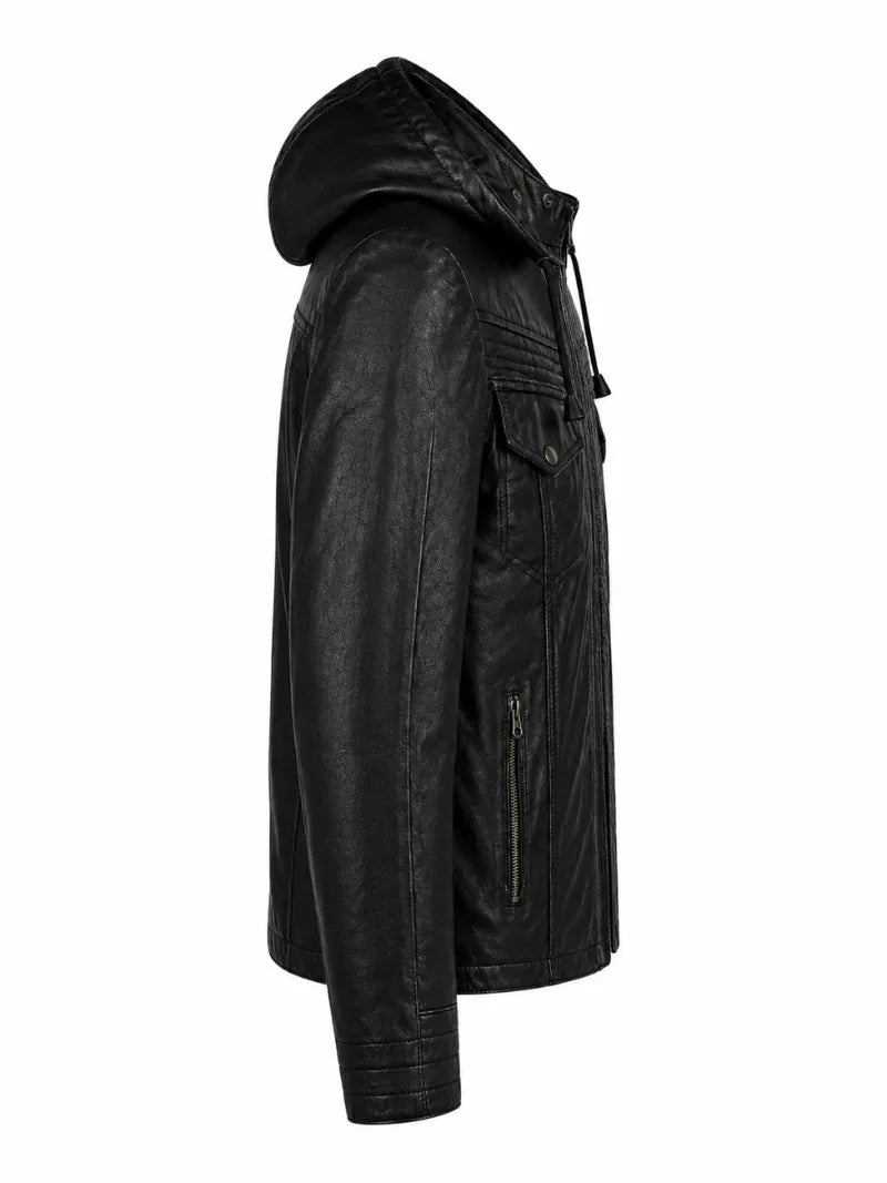 Men’s Black Leather Hooded Jacket Right 