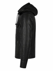 Men’s Black Leather Hooded Jacket Left 