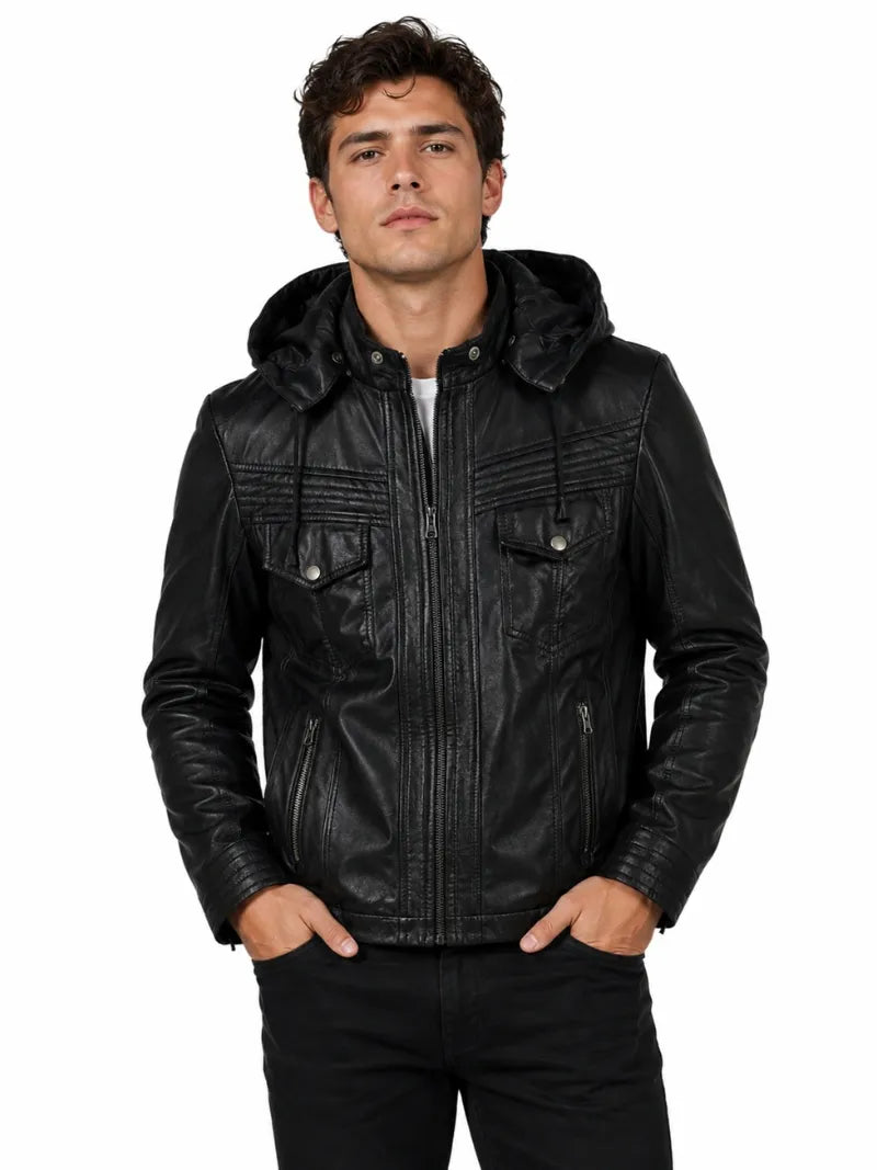 Men’s Black Leather Hooded Jacket Full