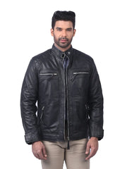 Men’s Black Leather Jacket with Chest Zip Pockets Front 