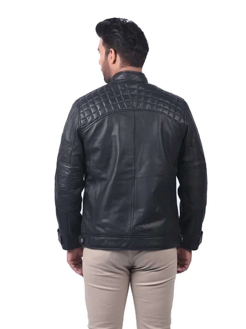 Men’s Black Leather Jacket with Chest Zip Pockets Back 