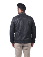 Men’s Black Leather Jacket with Chest Zip Pockets Back 
