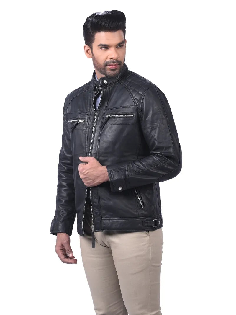 Men’s Black Leather Jacket with Chest Zip Pockets Right 