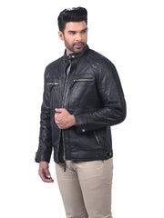 Men’s Black Leather Jacket with Chest Zip Pockets Right 