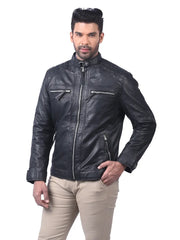 Men’s Black Leather Jacket with Chest Zip Pockets Left 