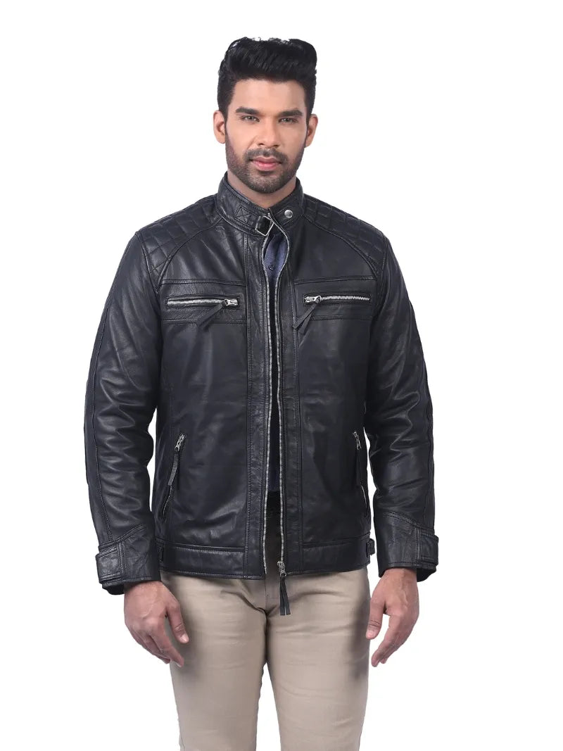 Men’s Black Leather Jacket with Chest Zip Pockets Full