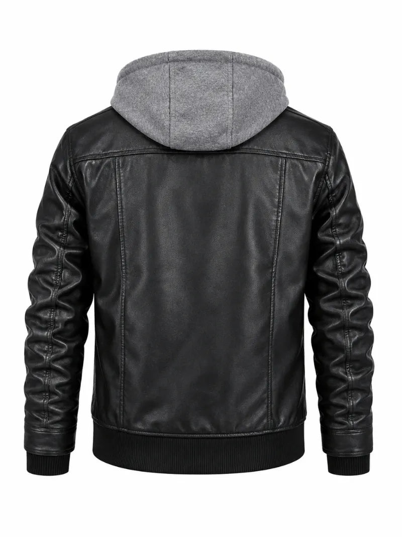 Men's Black Leather Jacket with Detachable Hood, back view