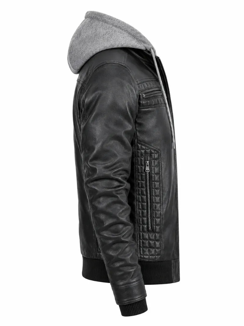 Men's Black Leather Jacket with Detachable Hood, side view