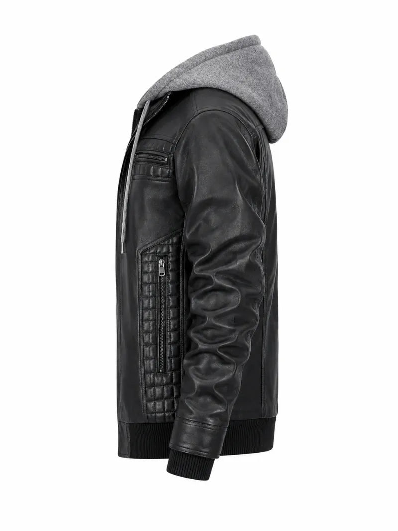 Men's Black Leather Jacket with Detachable Hood, collar detail