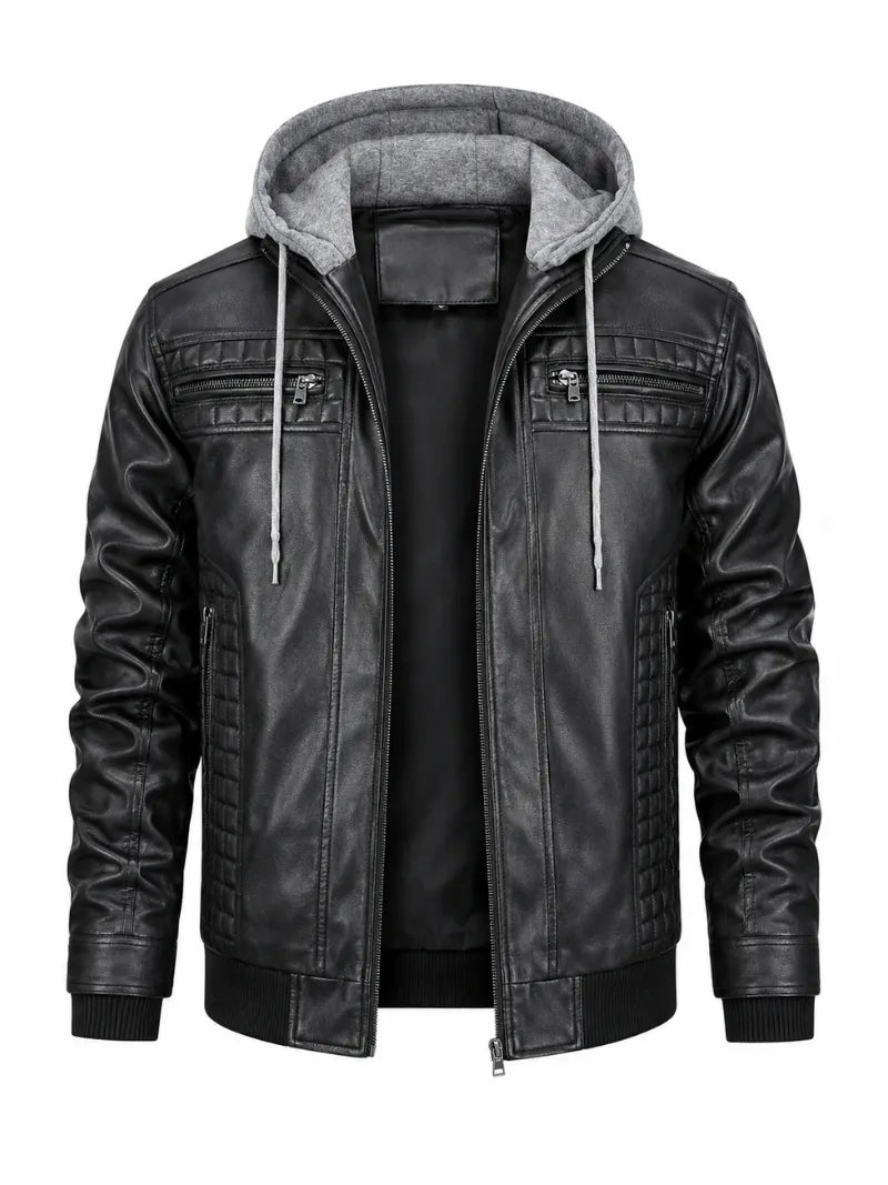 Men's Black Leather Jacket with Detachable Hood, front view