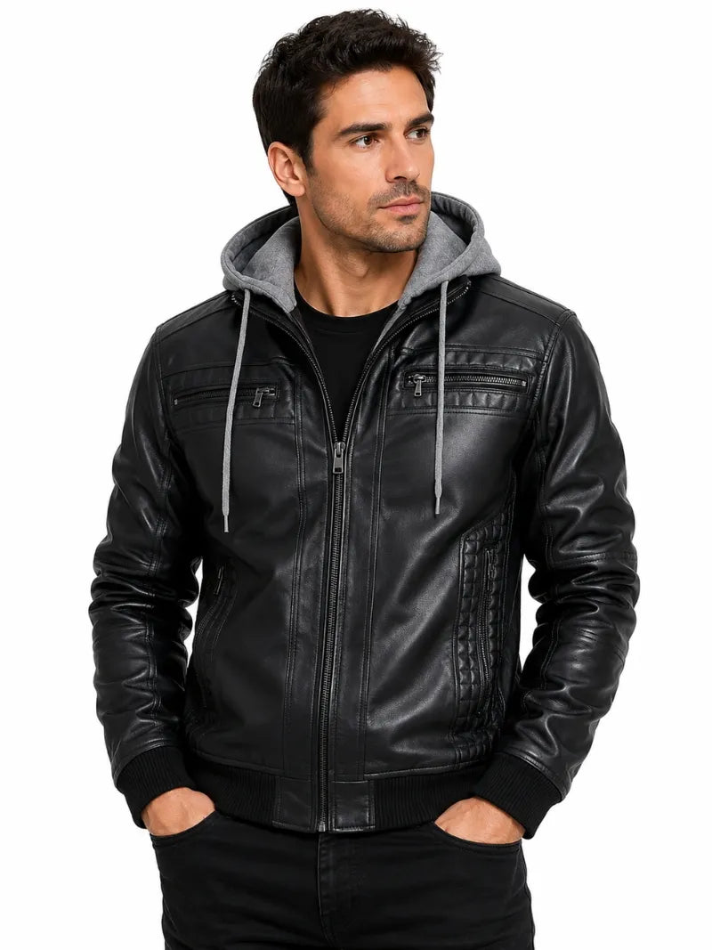 Men's Black Leather Jacket with Detachable Hood, closure detail