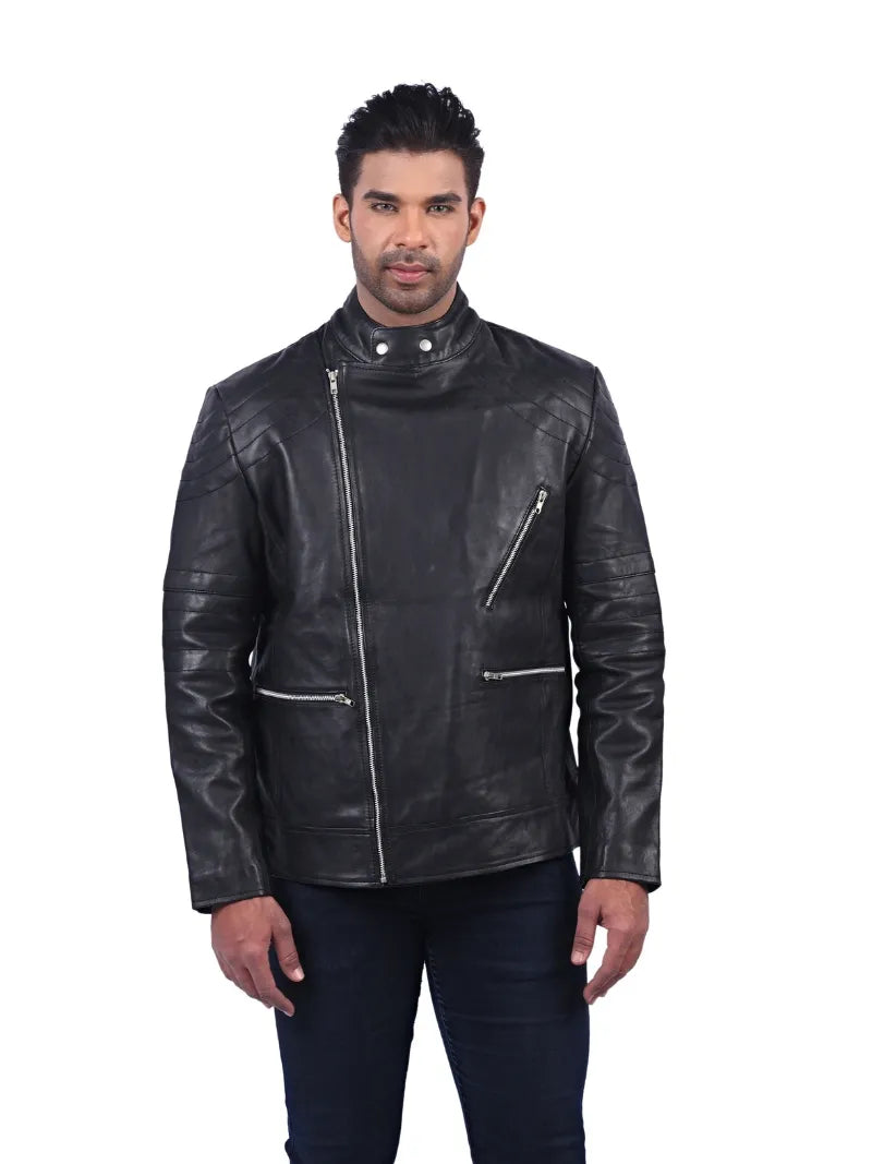 Men’s Black Leather Jacket with Double Zip Front