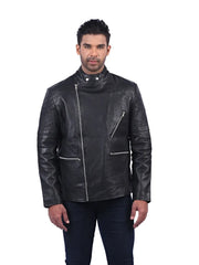 Men’s Black Leather Jacket with Double Zip Front