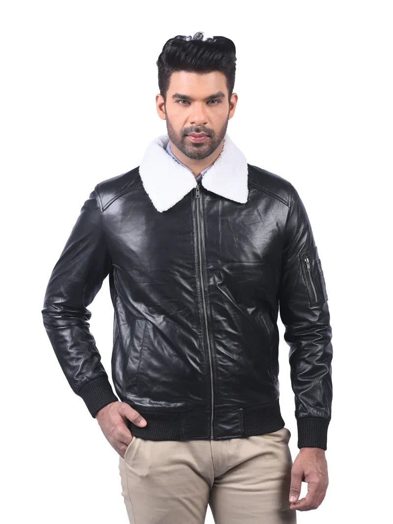 Men’s Black Leather Jacket with Shearling Collar Front 