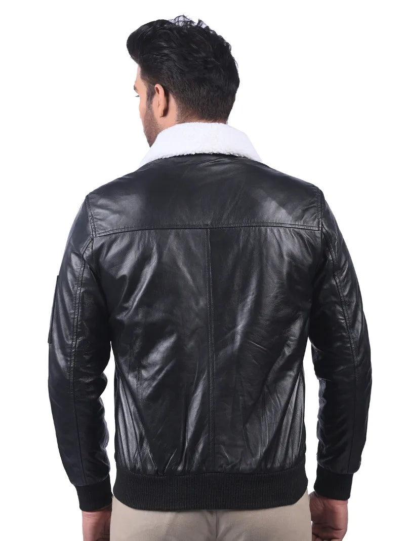 Men’s Black Leather Jacket with Shearling Collar Back 