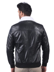 Men’s Black Leather Jacket with Shearling Collar Back 
