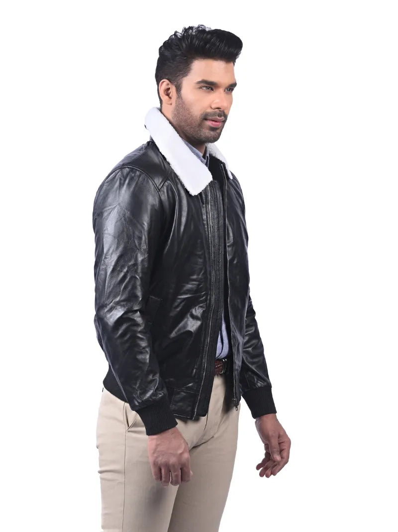 Men’s Black Leather Jacket with Shearling Collar Right 