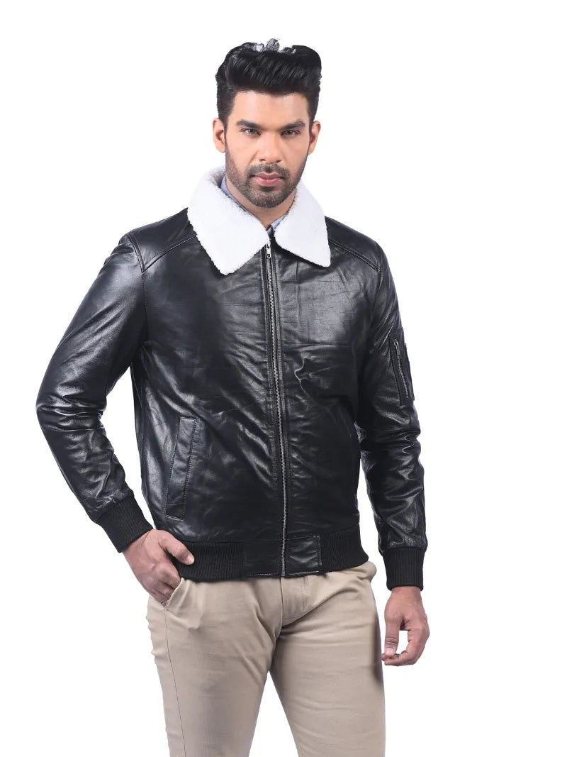 Men’s Black Leather Jacket with Shearling Collar Full