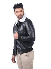 Men’s Black Leather Jacket with Shearling Collar Left 