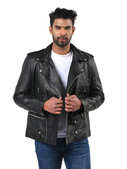 Men's Black Leather Jacket with Zip Cuffs Front 