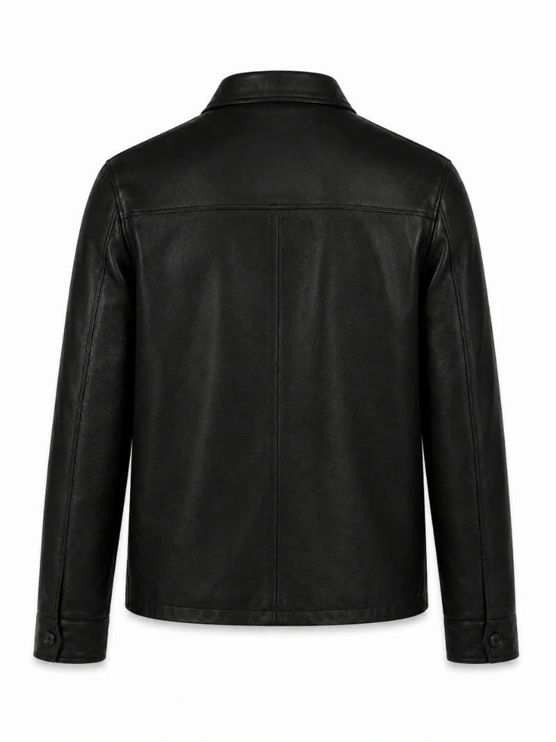 Men's Black Leather Shirt Jacket with Pockets Back