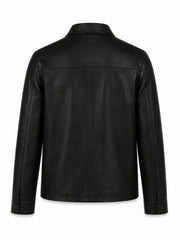 Men's Black Leather Shirt Jacket with Pockets Back