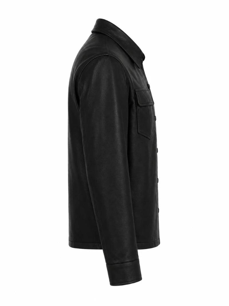 Men's Black Leather Shirt Jacket with Pockets Right 