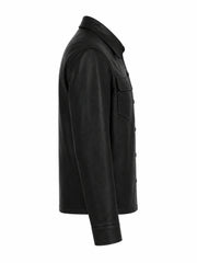 Men's Black Leather Shirt Jacket with Pockets Right 