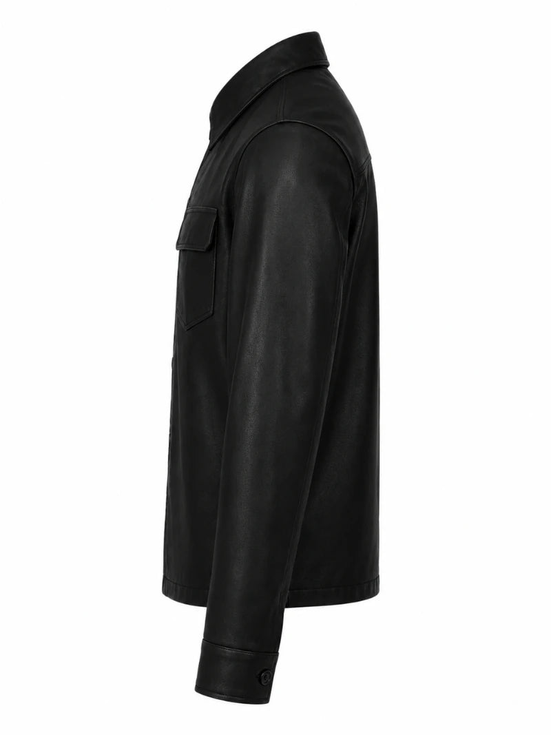 Men's Black Leather Shirt Jacket with Pockets Left 