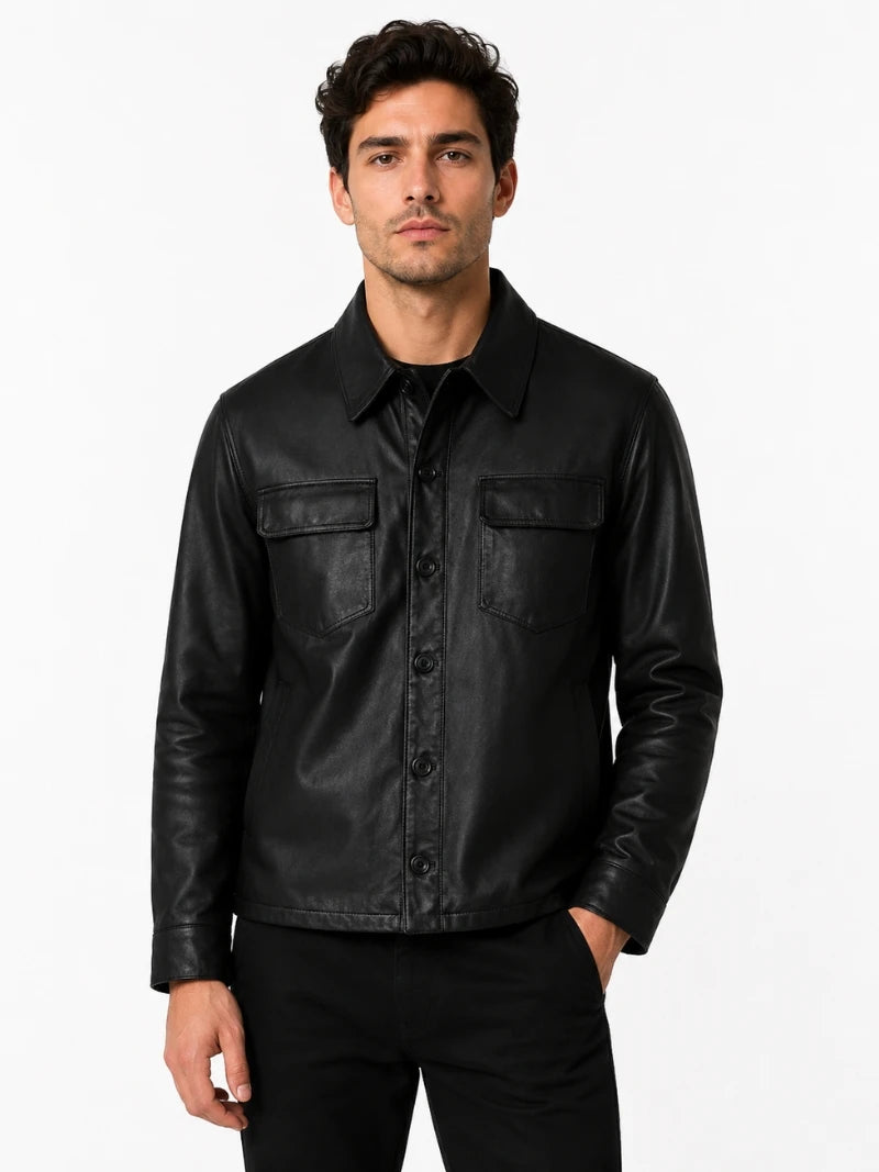 Men's Black Leather Shirt Jacket with Pockets Full