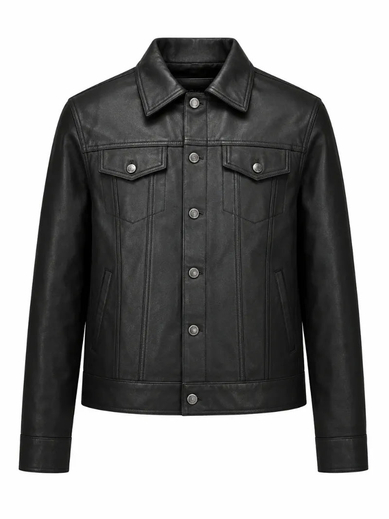 Men’s Black Leather Trucker Jacket Front 