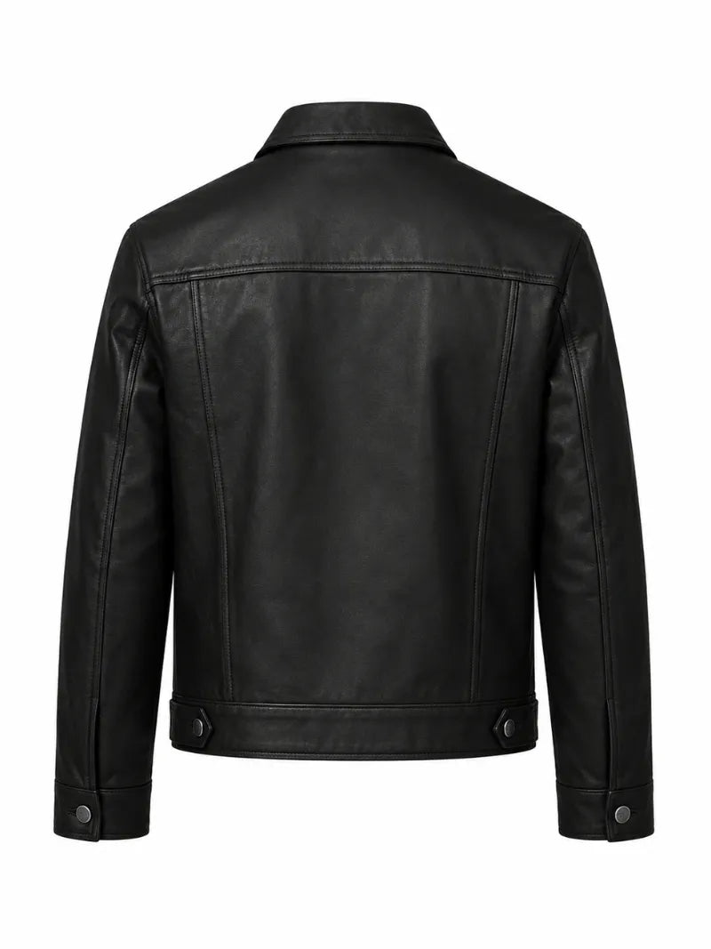 Men’s Black Leather Trucker Jacket Back 