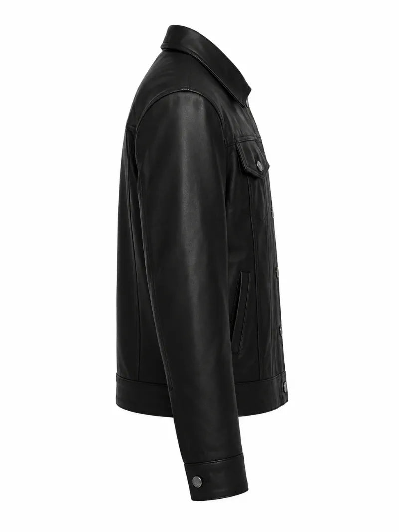 Men’s Black Leather Trucker Jacket Right 