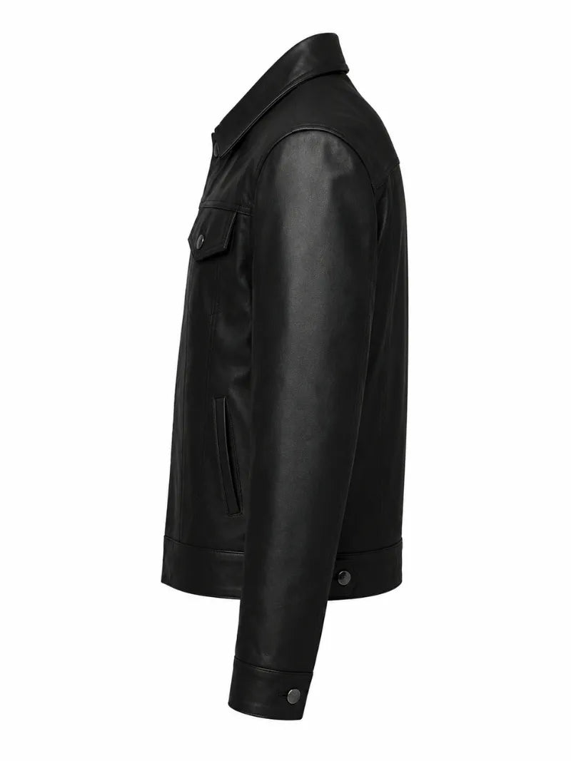 Men’s Black Leather Trucker Jacket Left 