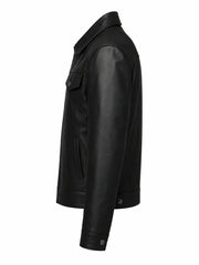 Men’s Black Leather Trucker Jacket Left 
