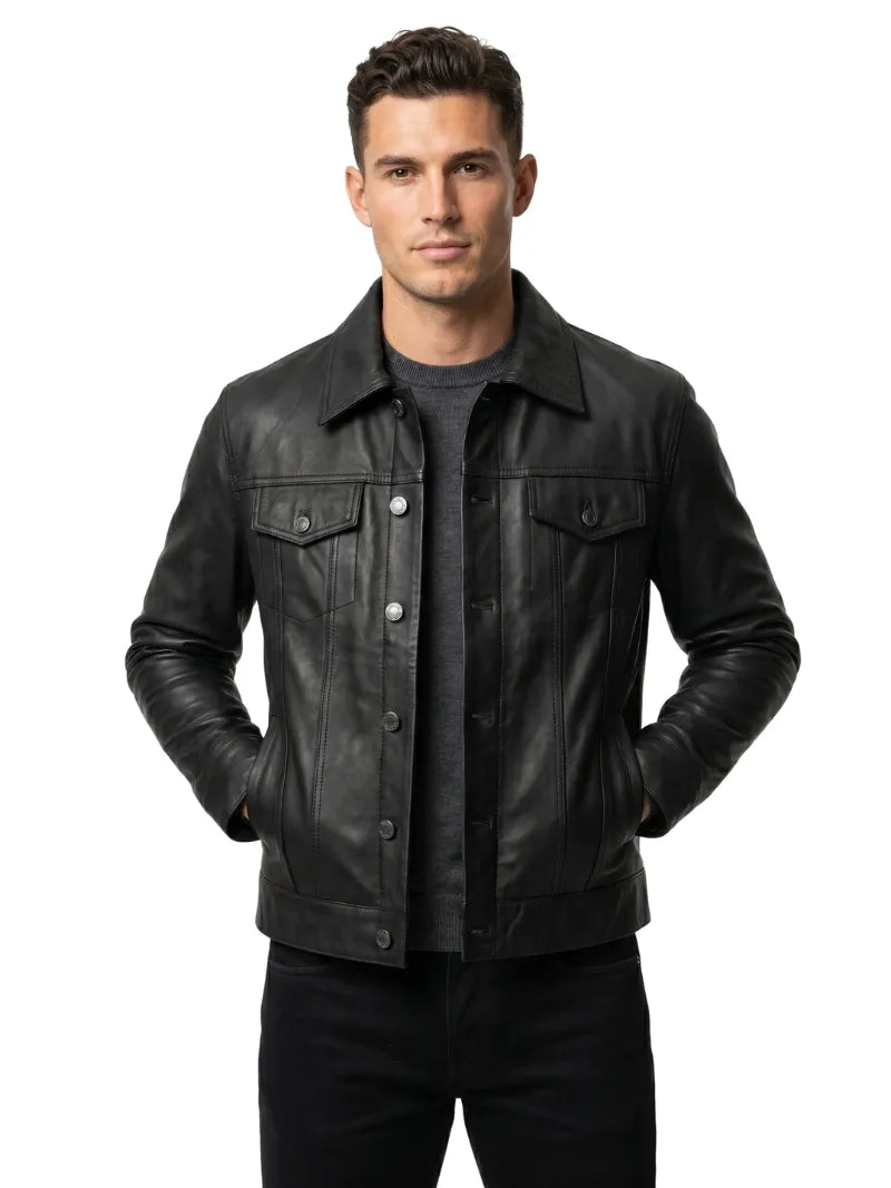 Men’s Black Leather Trucker Jacket Full