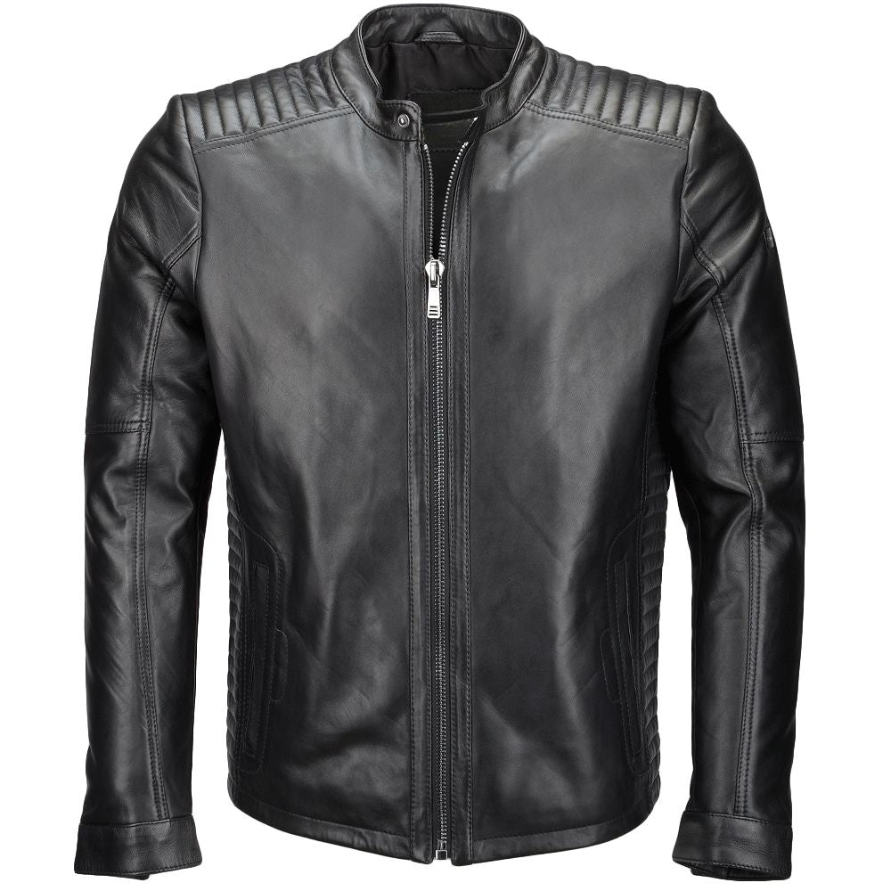 Men's Black Padded Shoulders Leather Biker Jacket 