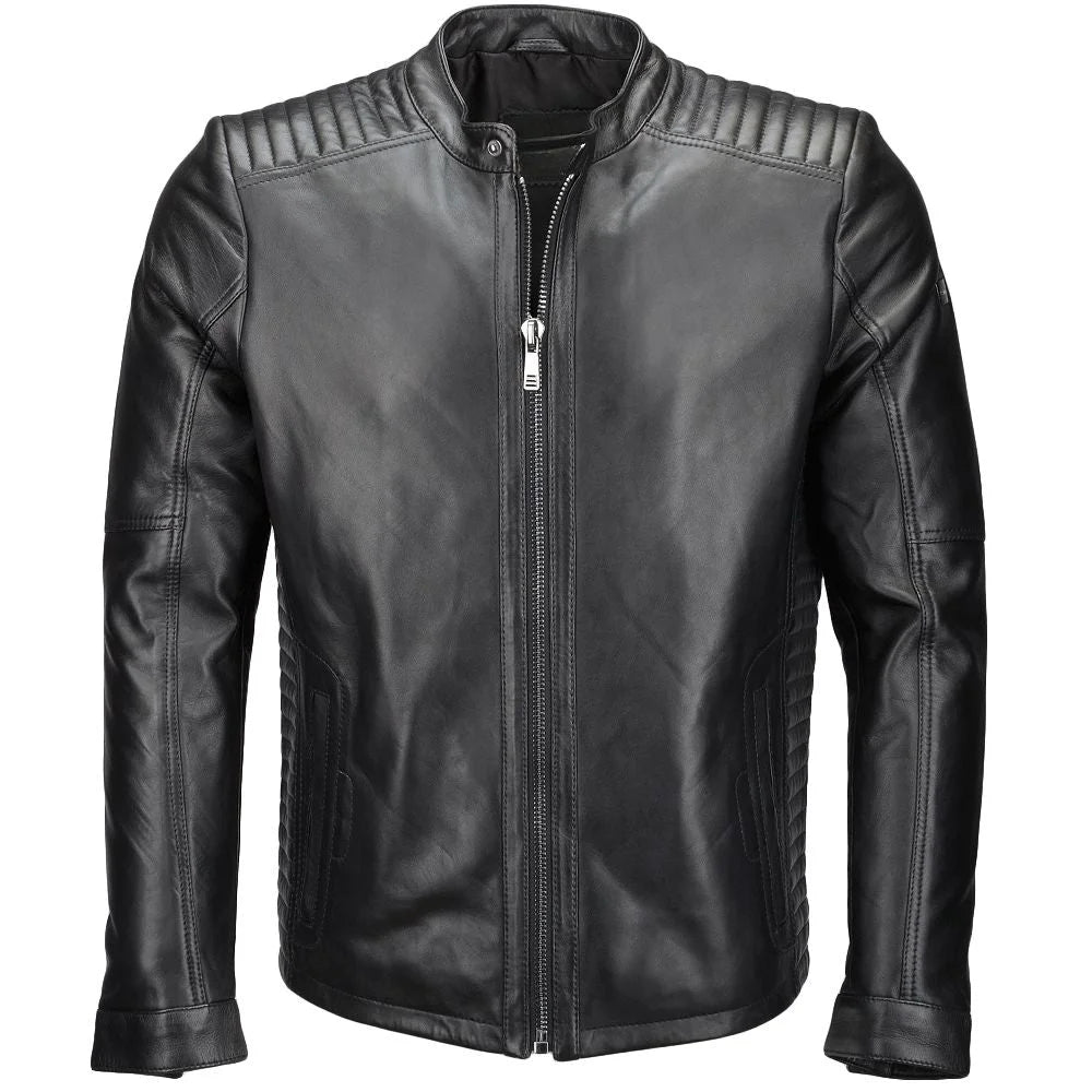 Men's Black Padded Shoulders Leather Jacket