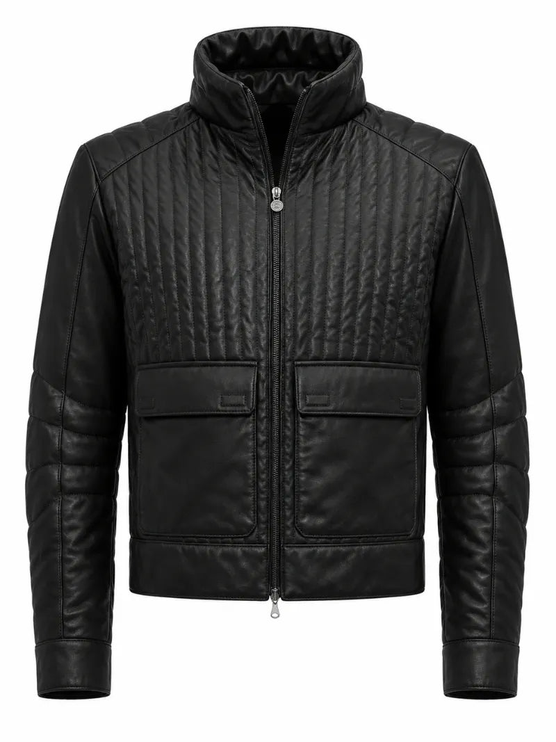 Men's Black Quilted Design Leather Jacket Front 